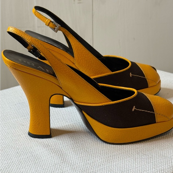 PRADA Brown & Mustard Yellow Leather Textile Heels 8.5 - Picture 12 of 16